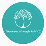 Turquoise circular logo with white tree growing from brain halves and text Pensamiento y Estrategia Social A.C.